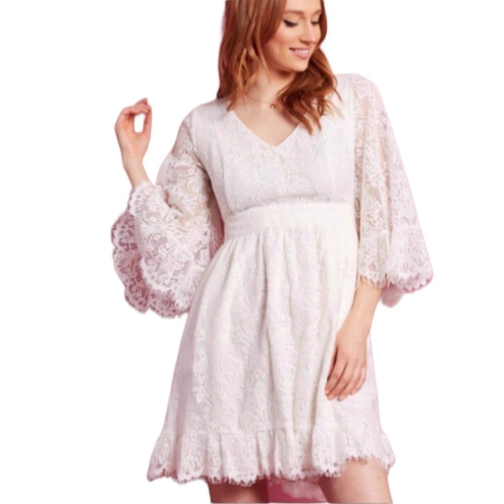 Modcloth Y2K Babydoll Dress XS Bell Sleeve‎ Lace Ivory Dainty Coquette Angel